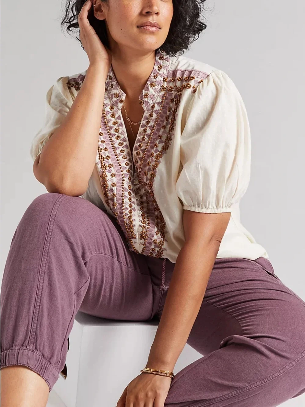 Anthropologie White Embroidered V-Neck Blouse with Pink & Gold Trim